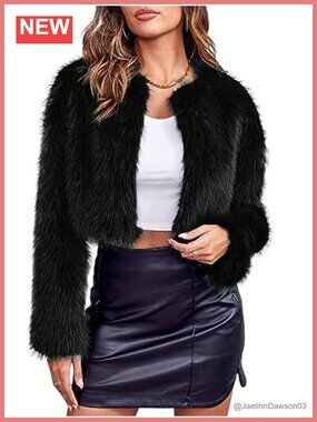 Womens Cropped Faux Fur Jacket Long Sleeve Fluffy Shaggy Coat
